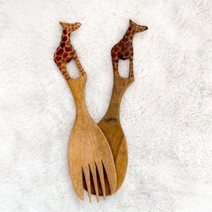 Hand Crafted Wooden Giraffe Salad Spoon & Fork Set
